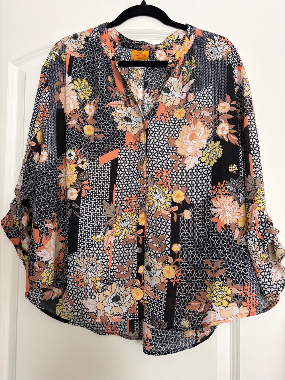 Ruby Rd. Black Floral Button-Front Blouse with Peach & Yellow Accents